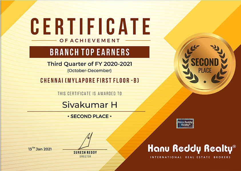 Real Estate certificates Hanu Reddy Realty