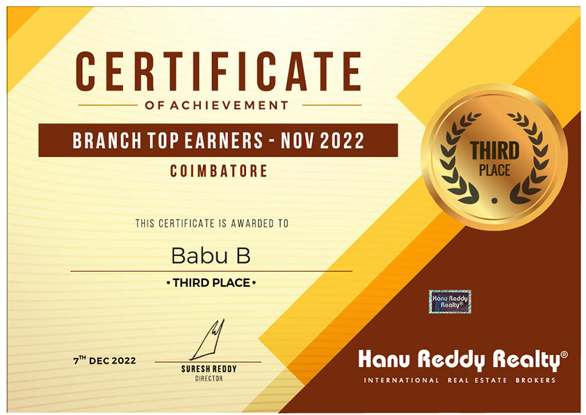 Real Estate certificates Hanu Reddy Realty