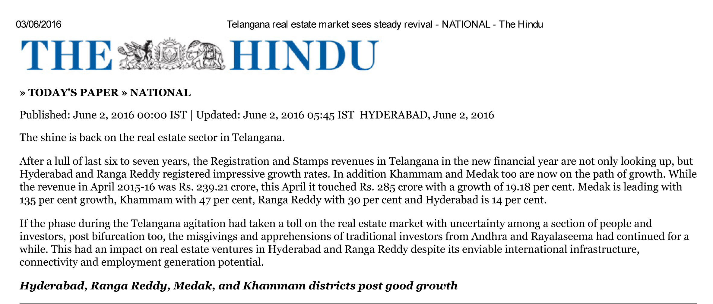 Telangana real estate market sees steady revival