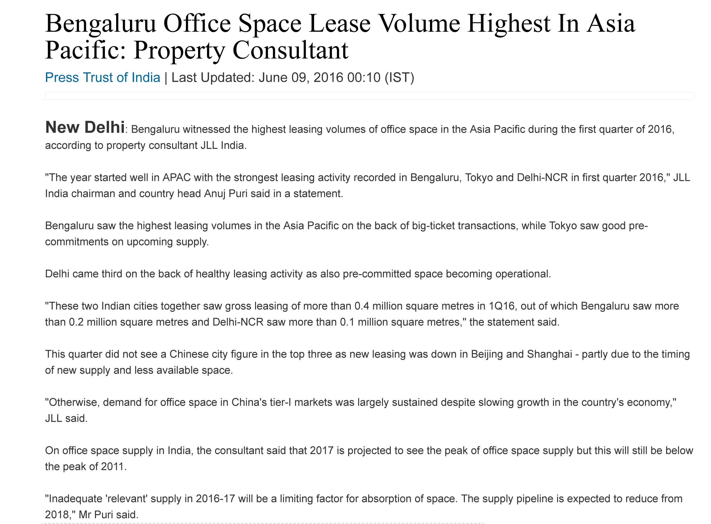 Bengaluru Office Space Lease Volume Highest In Asia Pacific