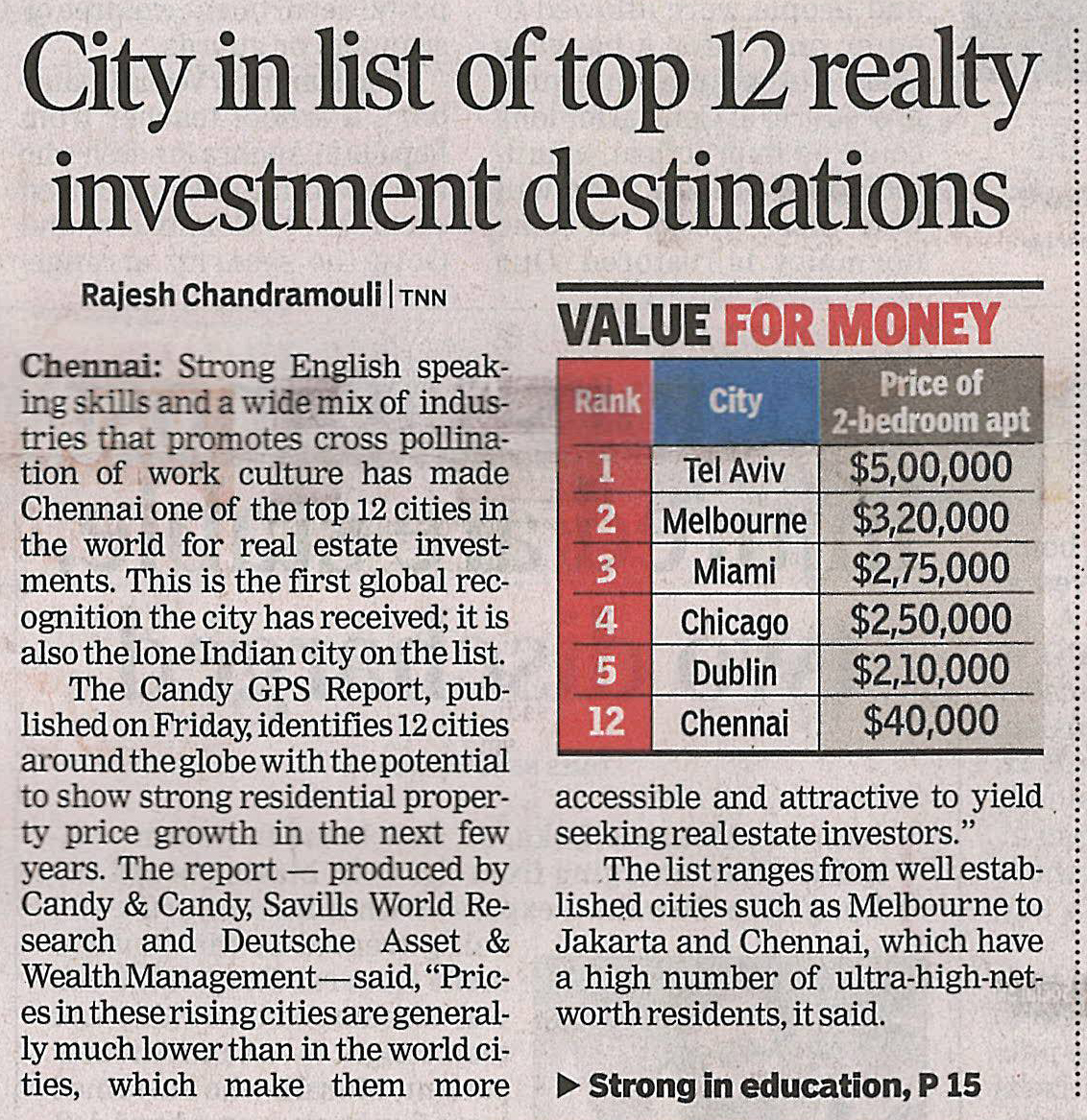 City in list of Top 12 realty investment destinations  