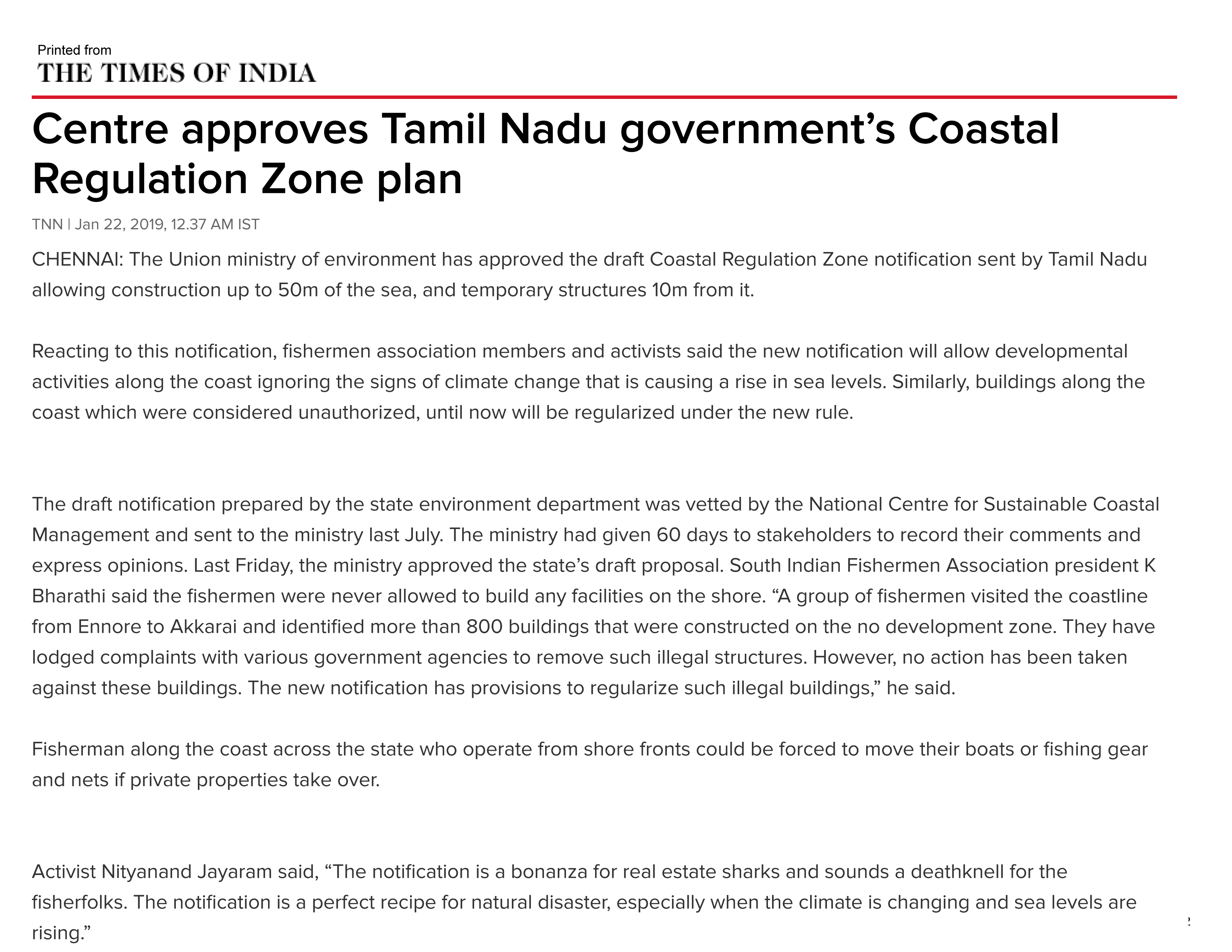 Centre approves Tamil Nadu government’s Coastal Regulation Zone Plan