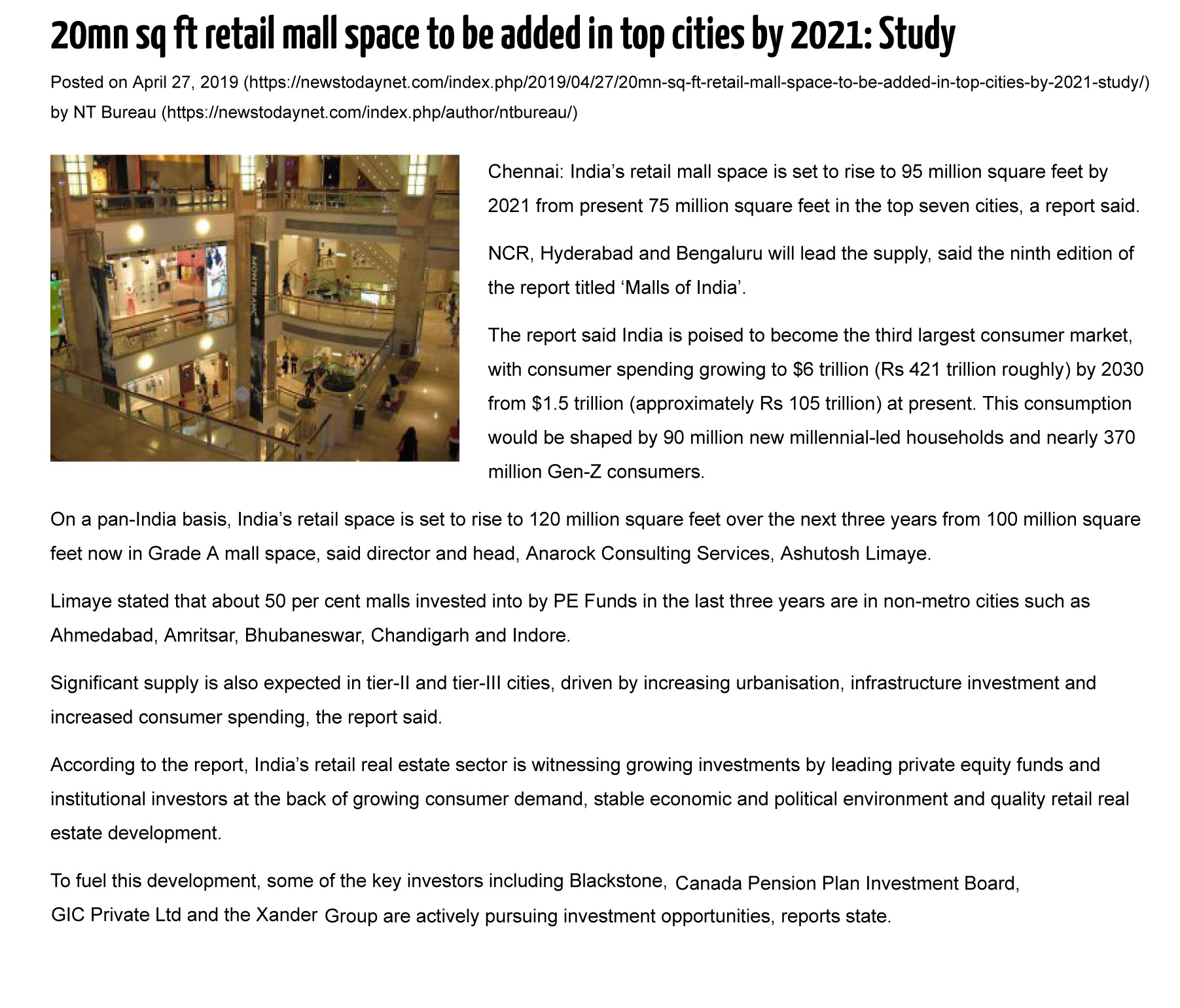 20mn sq ft retail mall space to be added in top cities by 2021
