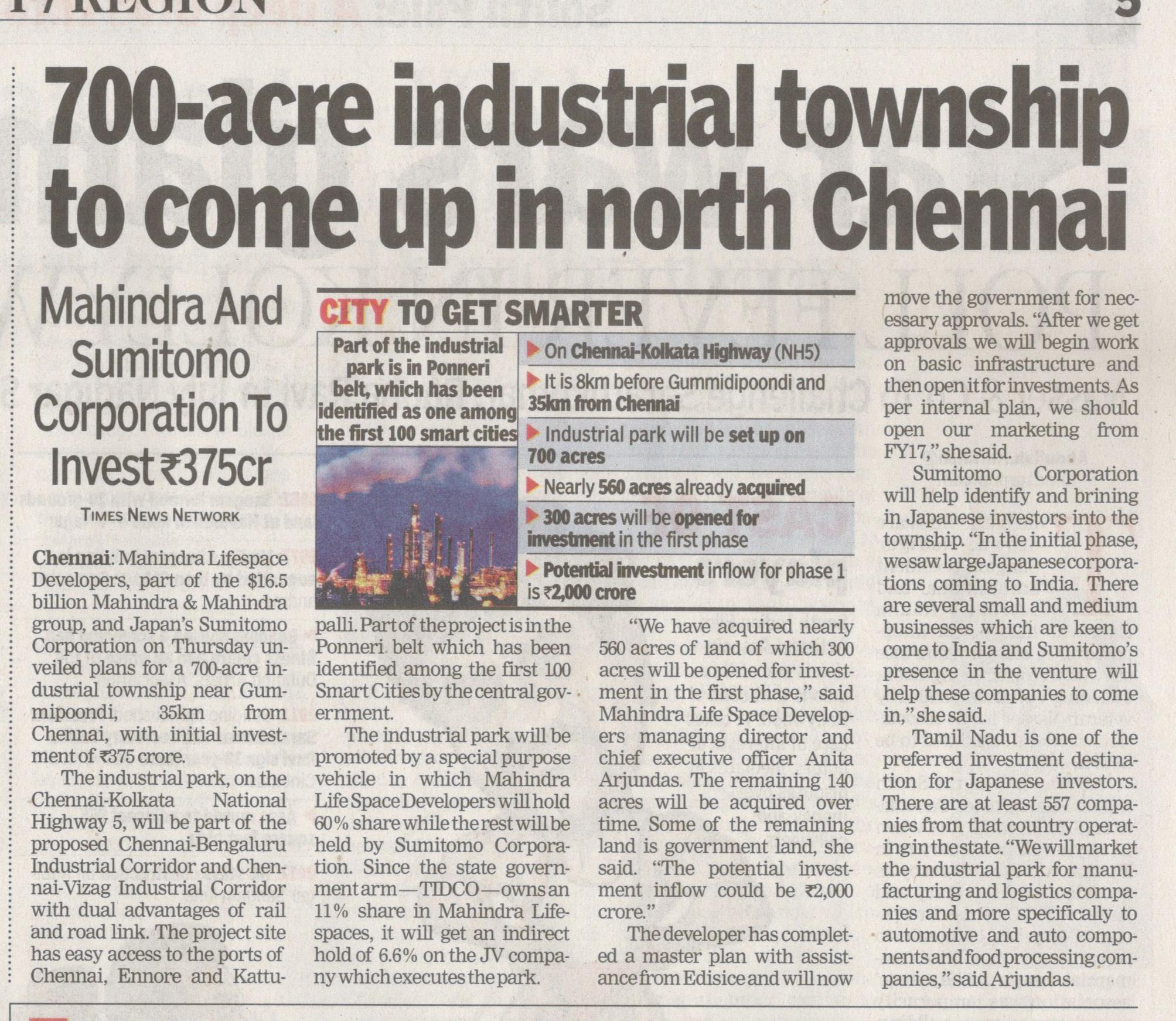 700 Acre Industrial township to come up in North Chennai